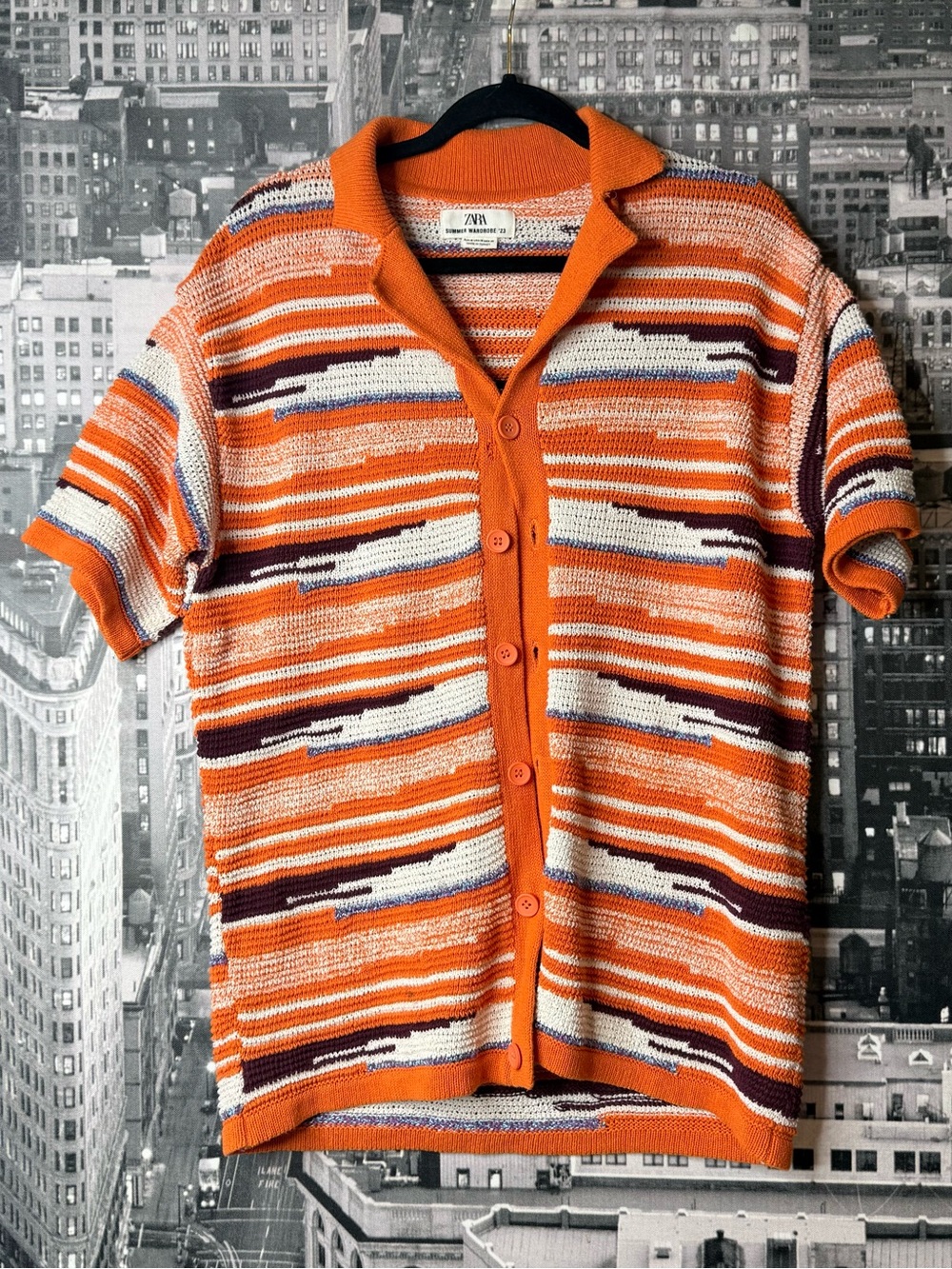 Zara Open Knit Crochet Cover Up Shirt Orange Striped Button Front M